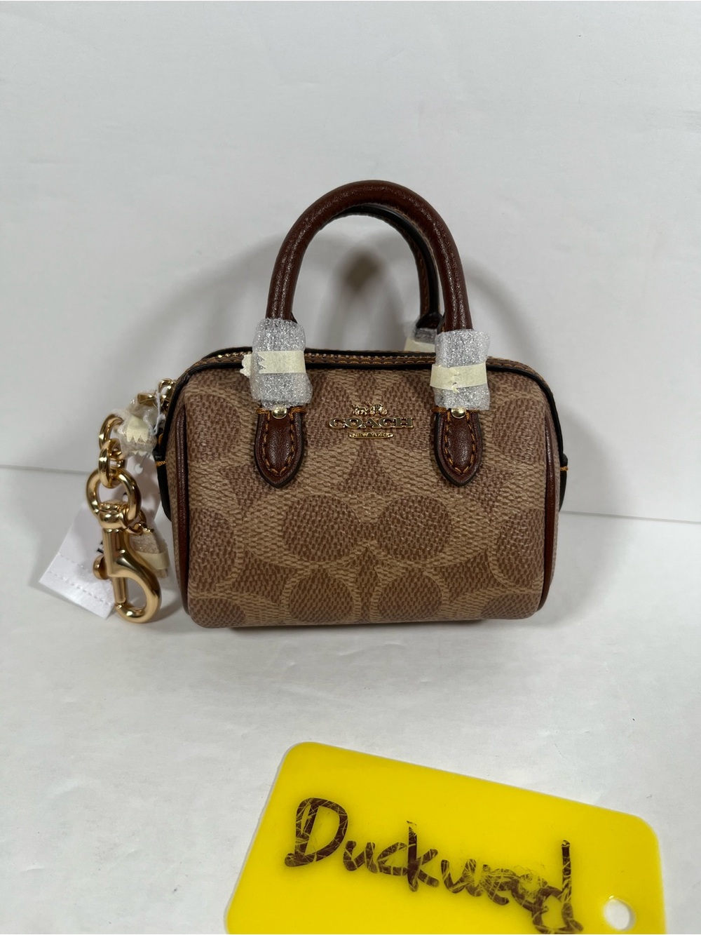 NWT COACH Mini Rowan Satchel Bag Charm In Signature Canvas Sand Taupe CX068